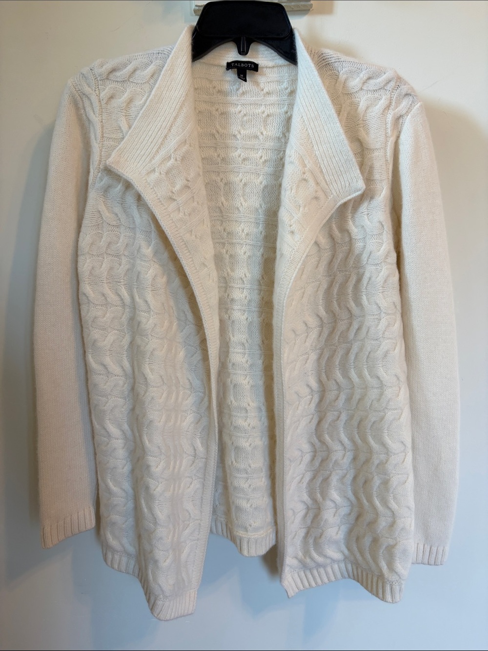 Talbots Merino Wool Cashmere Cable Knit Open Cardigan Ivory Cream M